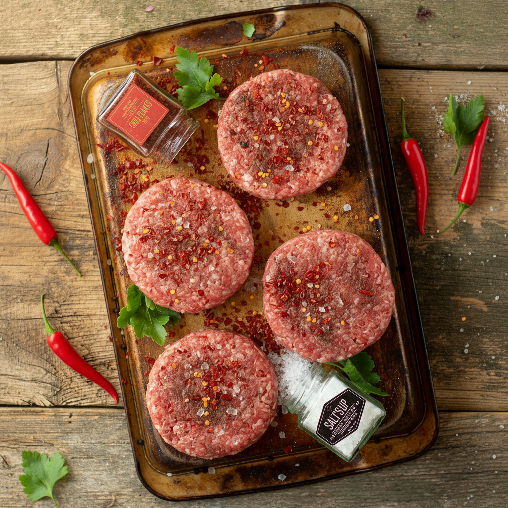 Burger patties on tray
